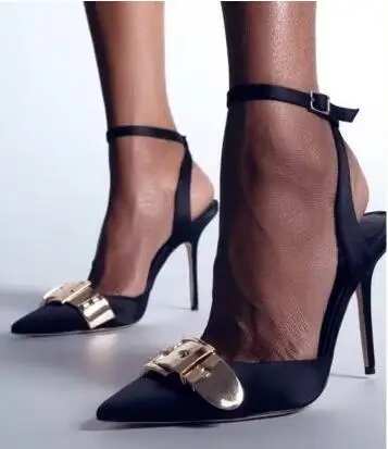 

Summer Woman Black Silk Gold Metal Belt Buckle Shallow Pointed Toe Ankle Strap Thin Heels Slingback Party Dress Sandals Shoes