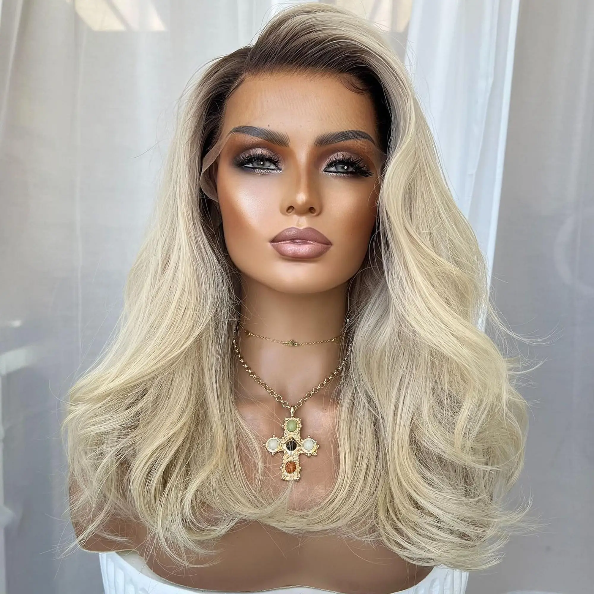 Free Part 13x4 Ombre Light Golden Blonde Synthetic HD Lace Front Wig Natural Dark Roots 180% Density Medium Length Body Wave Wig