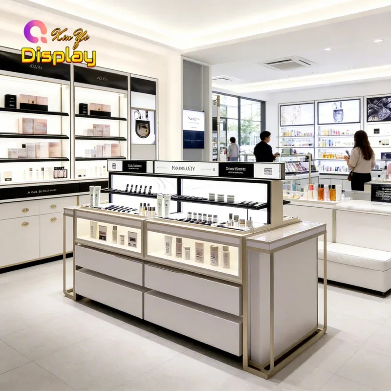 custom.Luxury Skincare Shop Fixtures Stylish LED Lighting Stainless Steel & MDF Display Counters Mall & Retail