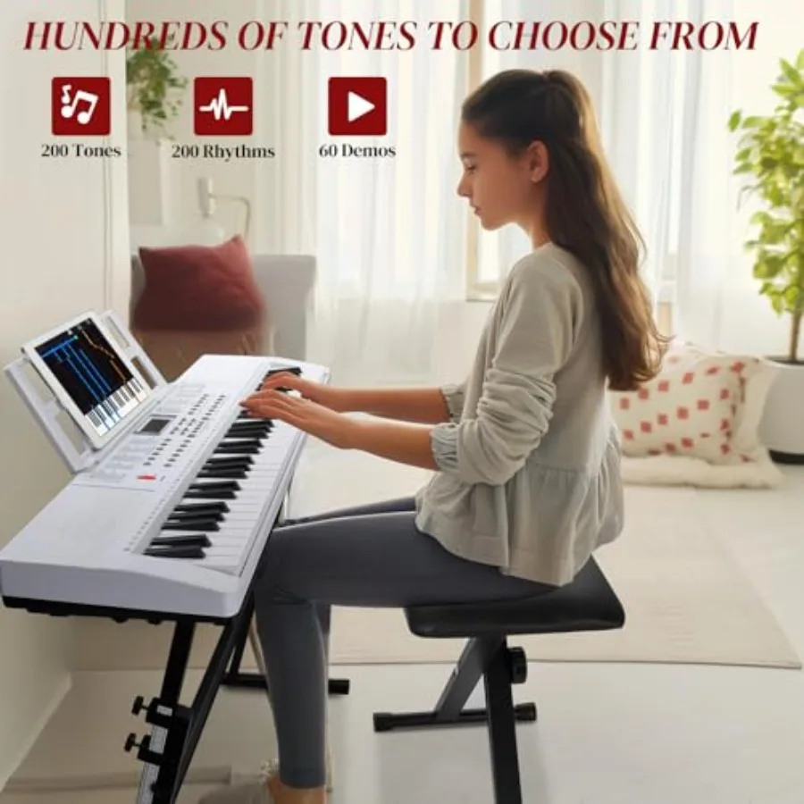 61-key electric piano for home practice, ABS plastic, full-white, lighted keys with beginner-friendly visual guidance