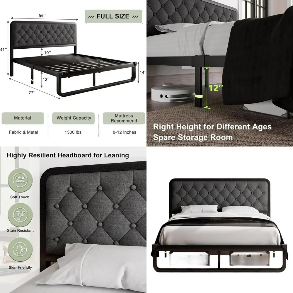 Feonase Full Bed Frame, Linen Headboard, Metal Slat Support, 12 Storage, Box Spring-Free, Easy Assembly, Dark Gray