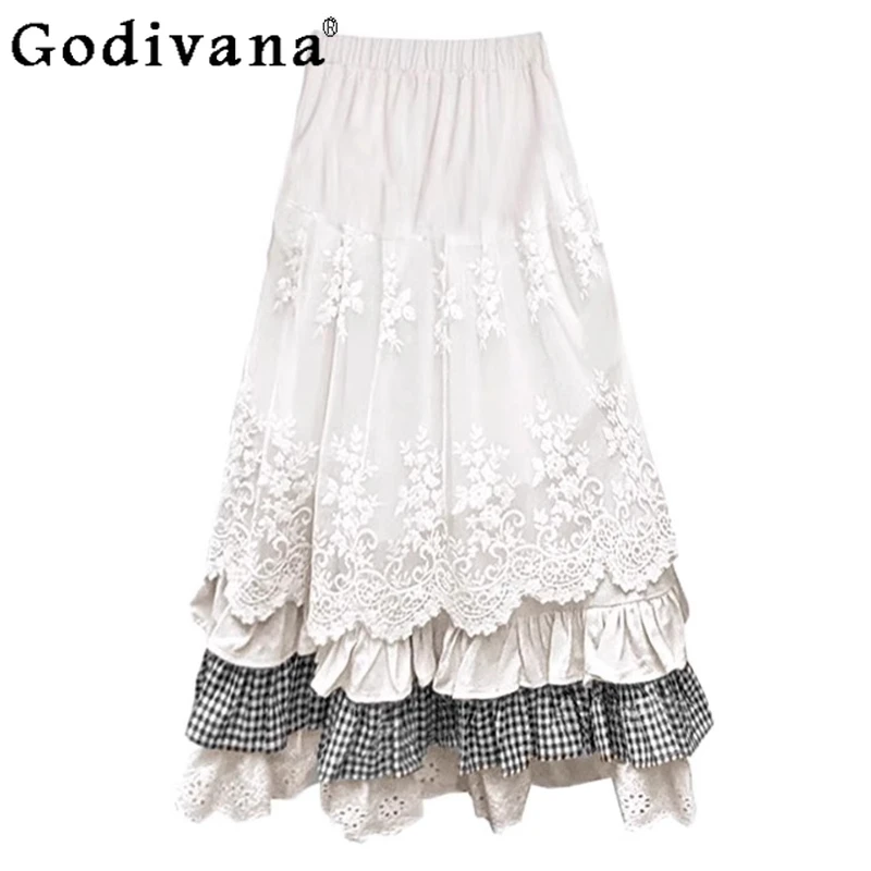 

Sweet Elegant Lace Plaid Temperament Age-reducing Skirt Girl Summer New Retro Heavy Industry A-line High Waist Loose Cake Skirts