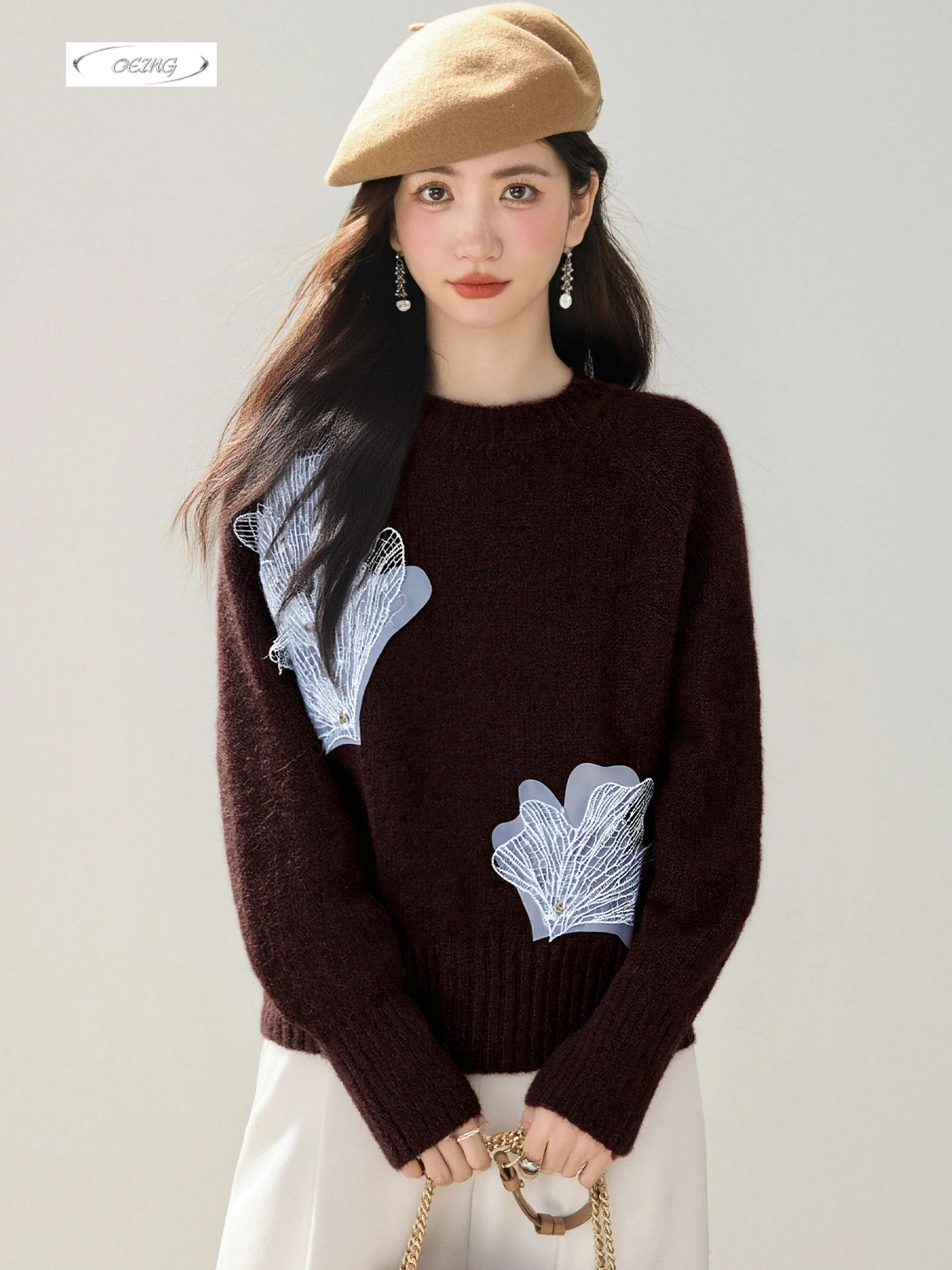 

Женский винтажный вязаный жаккардовый пуловер с круглым вырезом, свитер, вязаные топы, осень-зима, элегантный свободный кофейный джемпер, трикотаж 9737