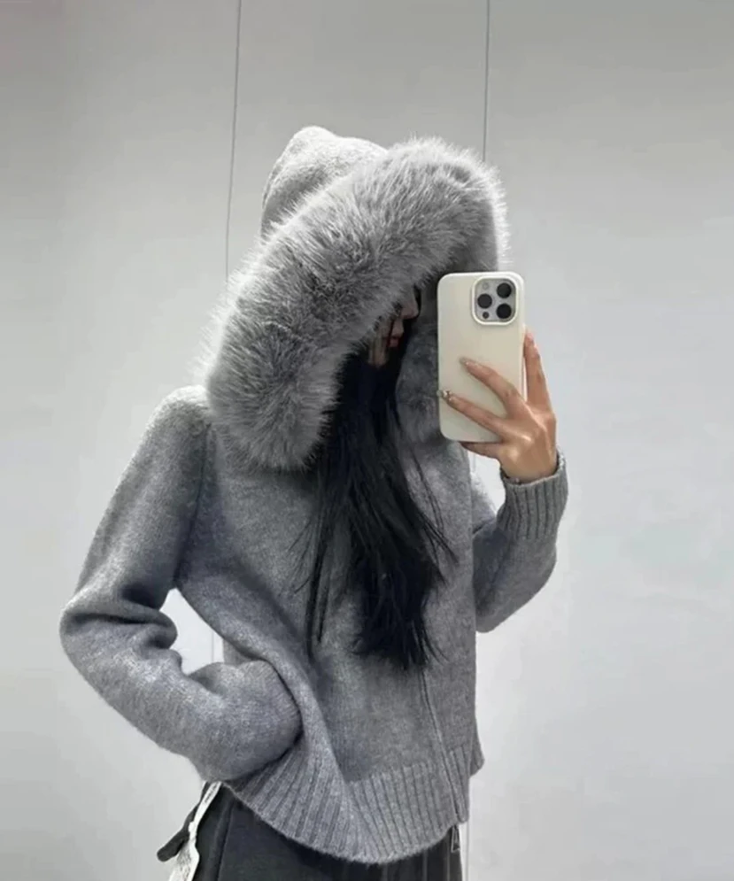 女性ニットカーディガンフード付きフェイクファー襟ジャケットカジュアルジッパーリブ袖口ルーズ