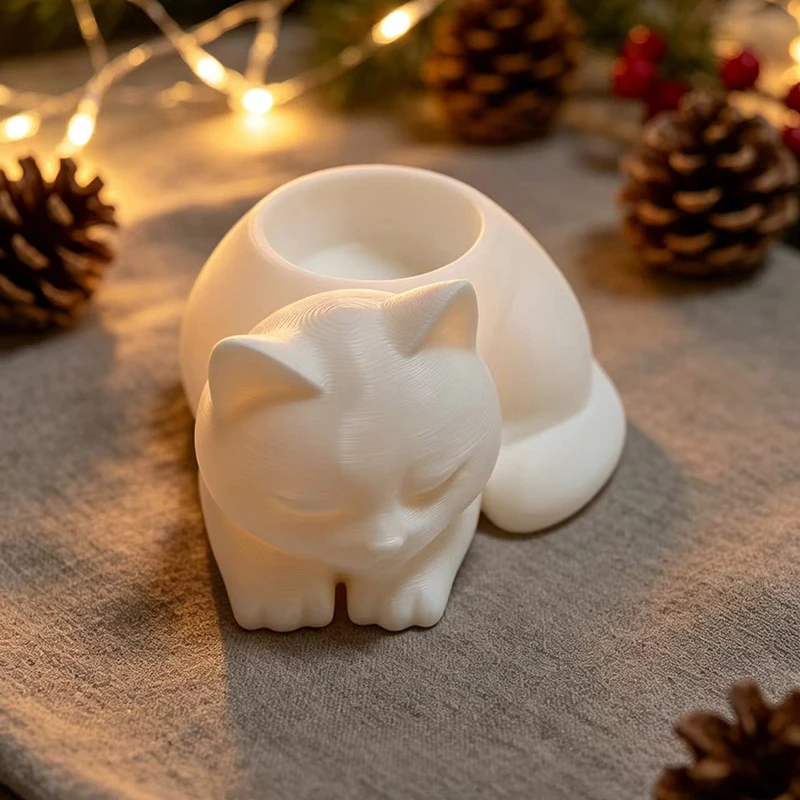 3D Printed Sleeping Cat Tealight Holder, Matte White Calming LED Candle Table Decor
