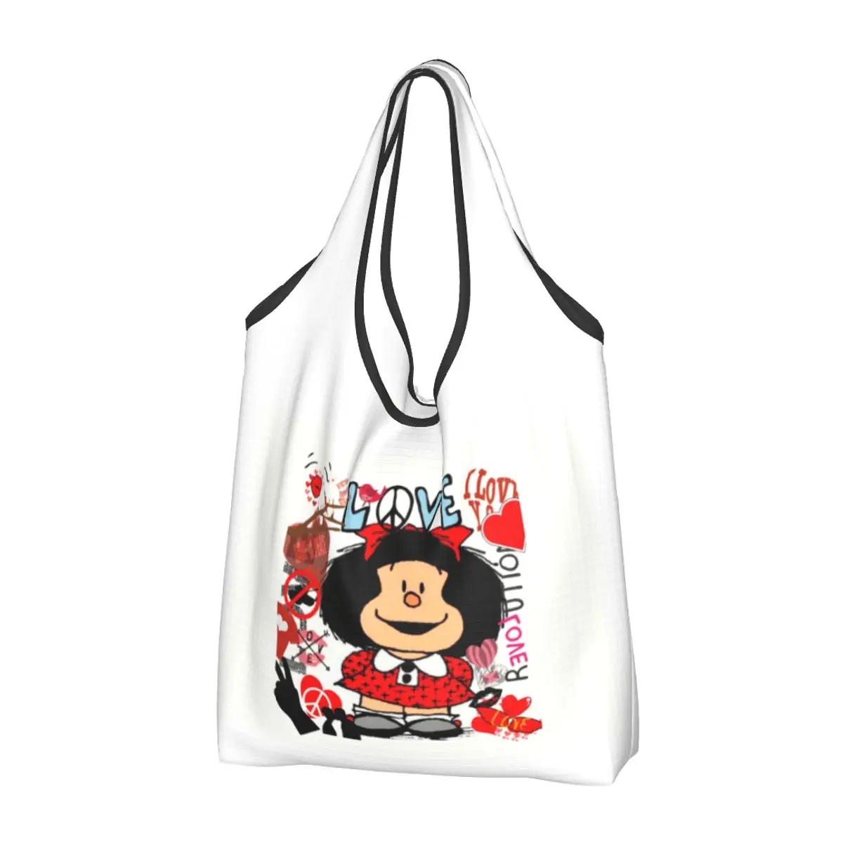 CustomLove And Mafalda Surrounded By Hearts Groceries Tote  Bag  Manga Cartoon Shopper Shoulder Bags Large Capacity Handbag