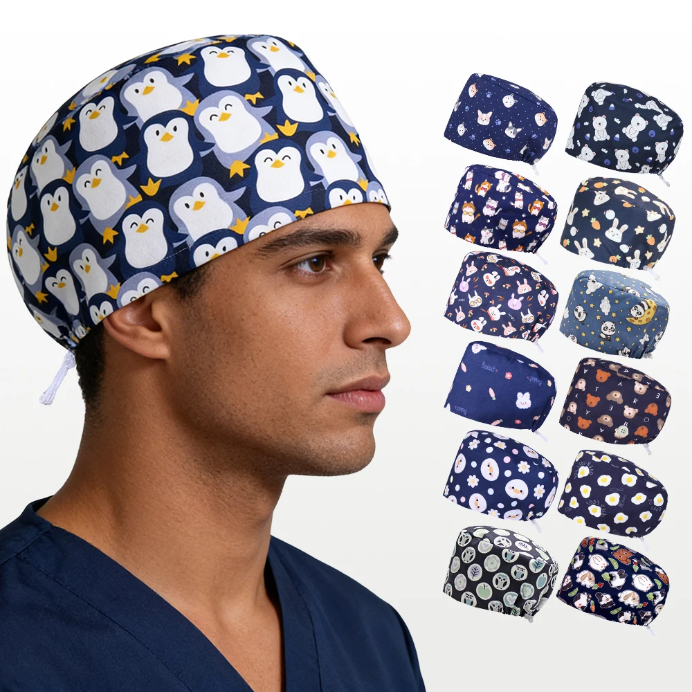 Toucas Scrub Man para Médicos e Enfermeiros com Estampa de Pinguim, Chapéu de Trabalho Odontológico Respirável para Cabelos Curtos, Touca Médica de Algodão K788