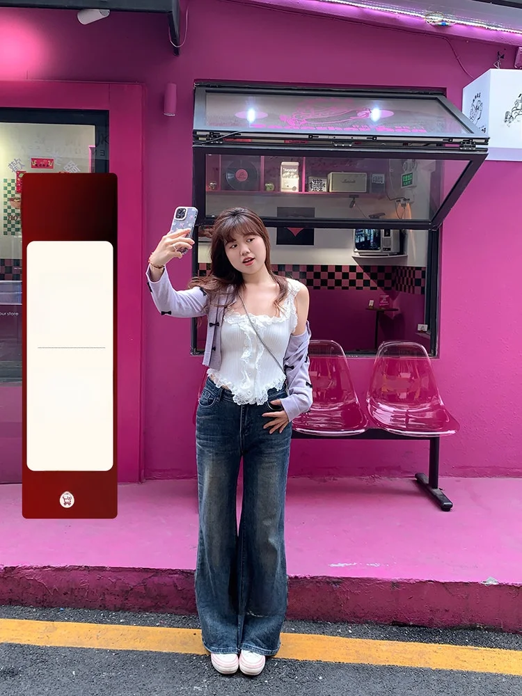 

Джинсы прямого кроя больших размеров для женщин, модель "Bamboo Leg Bi Ready", с высокой талией, из хлопка, эластичные, глубокого цвета, для повседневной носки, весна 2024