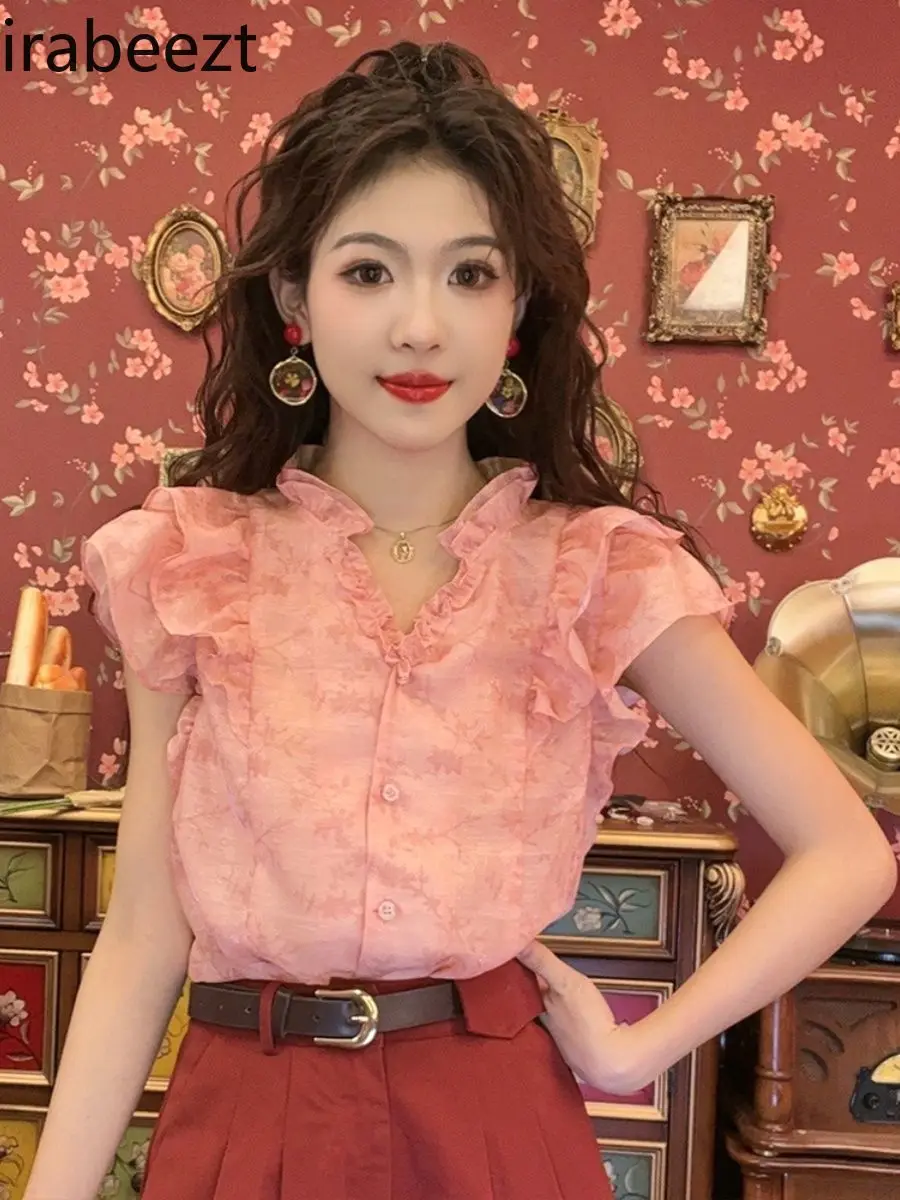 

Women's Pink Short Sleeve Shirt Ruffled Collar Summer Cute Top Blusa De Tricot Feminina Inverno Vintage Floral Lace Trim Blouse