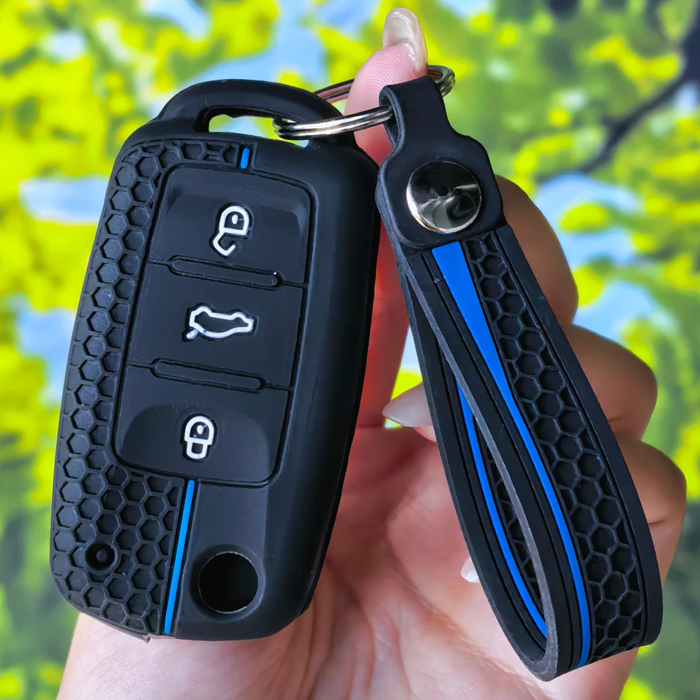 Durable Silicone Flip Key Cover with Keychain, Honeycomb Texture for VW UP Polo Golf 6 Passat B5 Caravelle Caddy Skoda Fabia