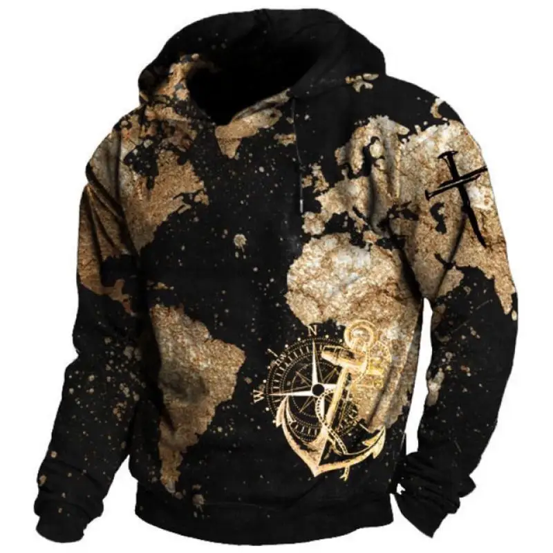 Vintage Hoodies Mens Hooded Sweatshirts Nautical Print Pullover Winter Loose Harajuku Clothes Casual Long Sleeve Streetwear Tops