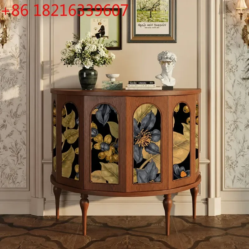 YAOFlower Solid Wood Porch Cabinet American Retro Semi Round Hexagonal Storage Decorative Cabinet for Living Room Entrance Hall