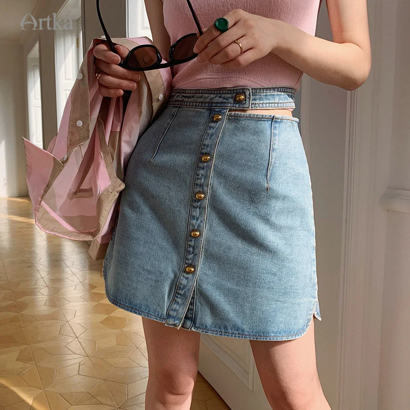 

ARTKA 2023 Summer New Women Skirt Fashion Casual High Waist Washed Denim Skirts Single Breasted A-Line Denim Skirt 22QN005X