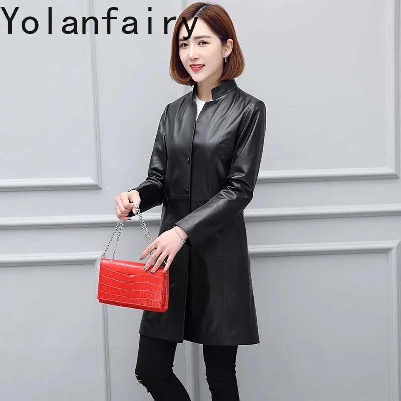 YOLANFAIRY Trench in vera pelle di pecora di nuova moda per donna Slim giacca di media lunghezza in vera pelle da donna colletto alla coreana