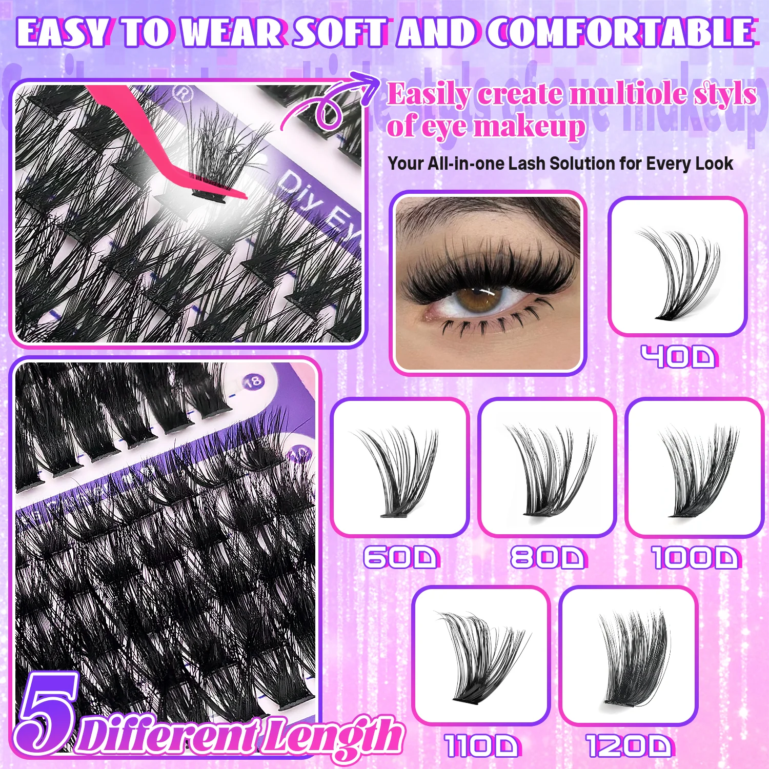 800pcs EIMNY Eyelash Extensions 40D-120d+Spikes Fluffy Lash D Curl Thick Volume Eyelash 10-18mm Lengths for Beginners at Home