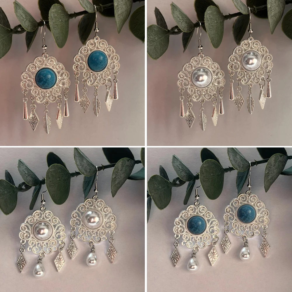 

LByzHan Bohemian Vintage Tibetan Silver Geometric Drop Earrings For Women Ethnic Blue Stone Tassel Dangle Earrings Jewelry