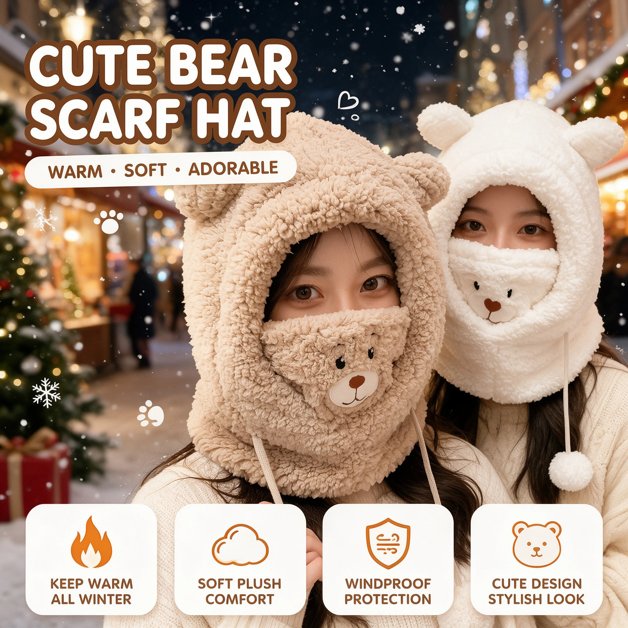 Cute Little Bear Scarf Hat Warm One Piece Hat Female Winter Student Lamb Hair Korean Version Hooded Mask Plush Caps Set