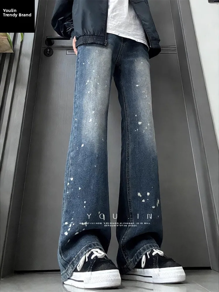 

Мужские джинсы Deep Blue Vintage Splashed Ink в американском ретро-стиле, расклешенные, прямого кроя, износостойкие, для молодежи