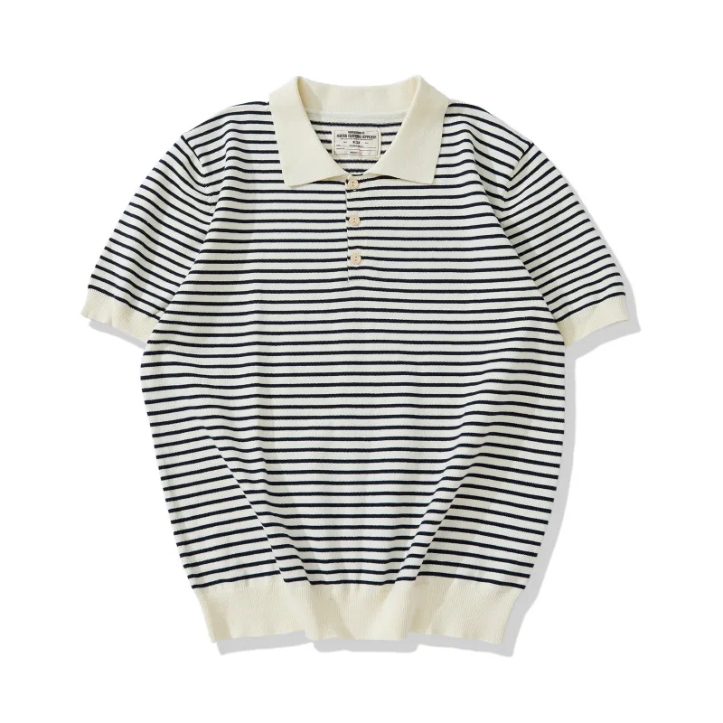 New Amekaji Thick French Casual Lapel Knitted Striped T-shirt Vintage Navy Pinstripe Lapel POLO Shirt