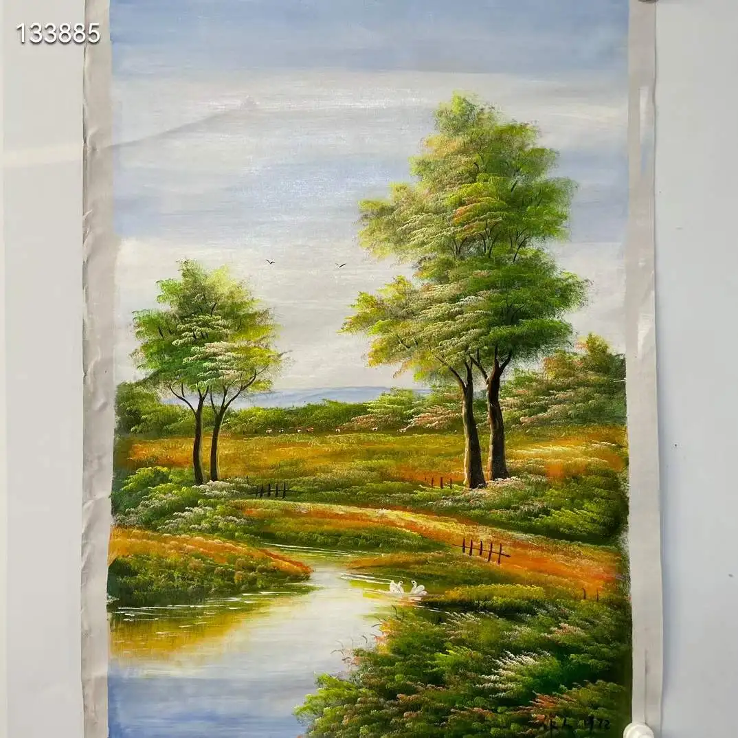 

Handdrawn Canvas Oil Painting Landscape Painting Mountain Water Tree Grass by Zuo Ren, 70*100cm, #790