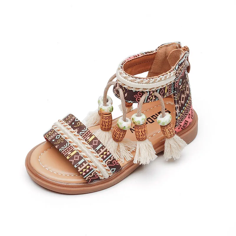 Girls Sandals Ethnic Retro Children Fashion Casual Shoes Tassels 2024 Back Zipper Summer New Sandals Kids Pattern GLADIATOR Cute