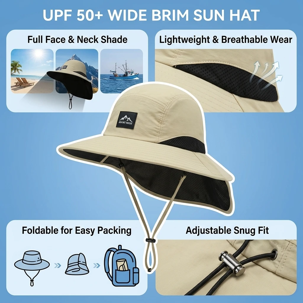 Unisex Summer Wide Brim Waterproof and Quick-drying Panama Caps Outdoor Visor Bucket Hats Mesh Breathable Sun Hat with Neck Flap