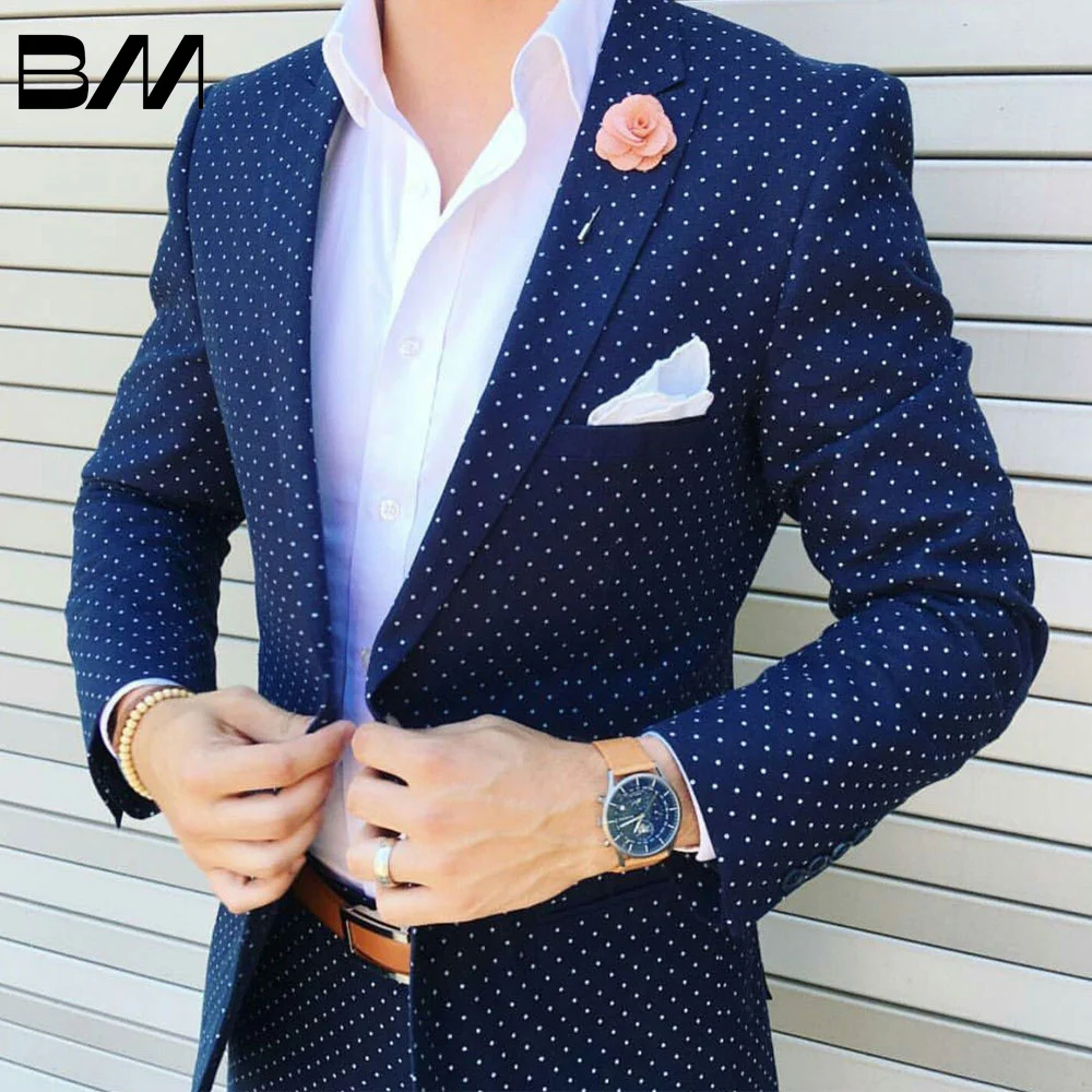 

Elegant Dark Blue Dot Men's Suit Peaked Lapel Blazers Wedding Male Tuxedos One Button Slim Fit Wear 2 Pieces Prom Jacket Pants