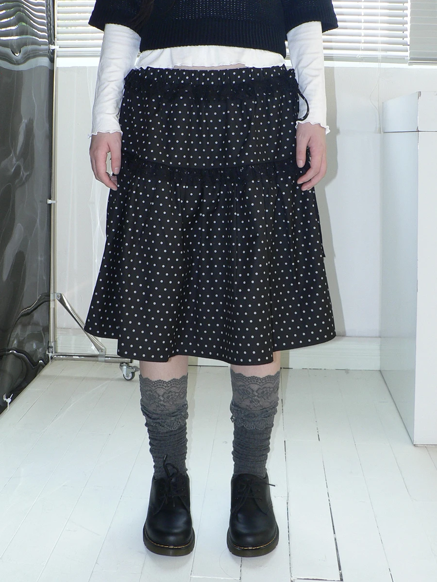Angproject 108 New Retro Polka Dot Print Elastic Waist Ruffle Splicing A-Line  Skirt Korean Style Ladies Casual Skirt