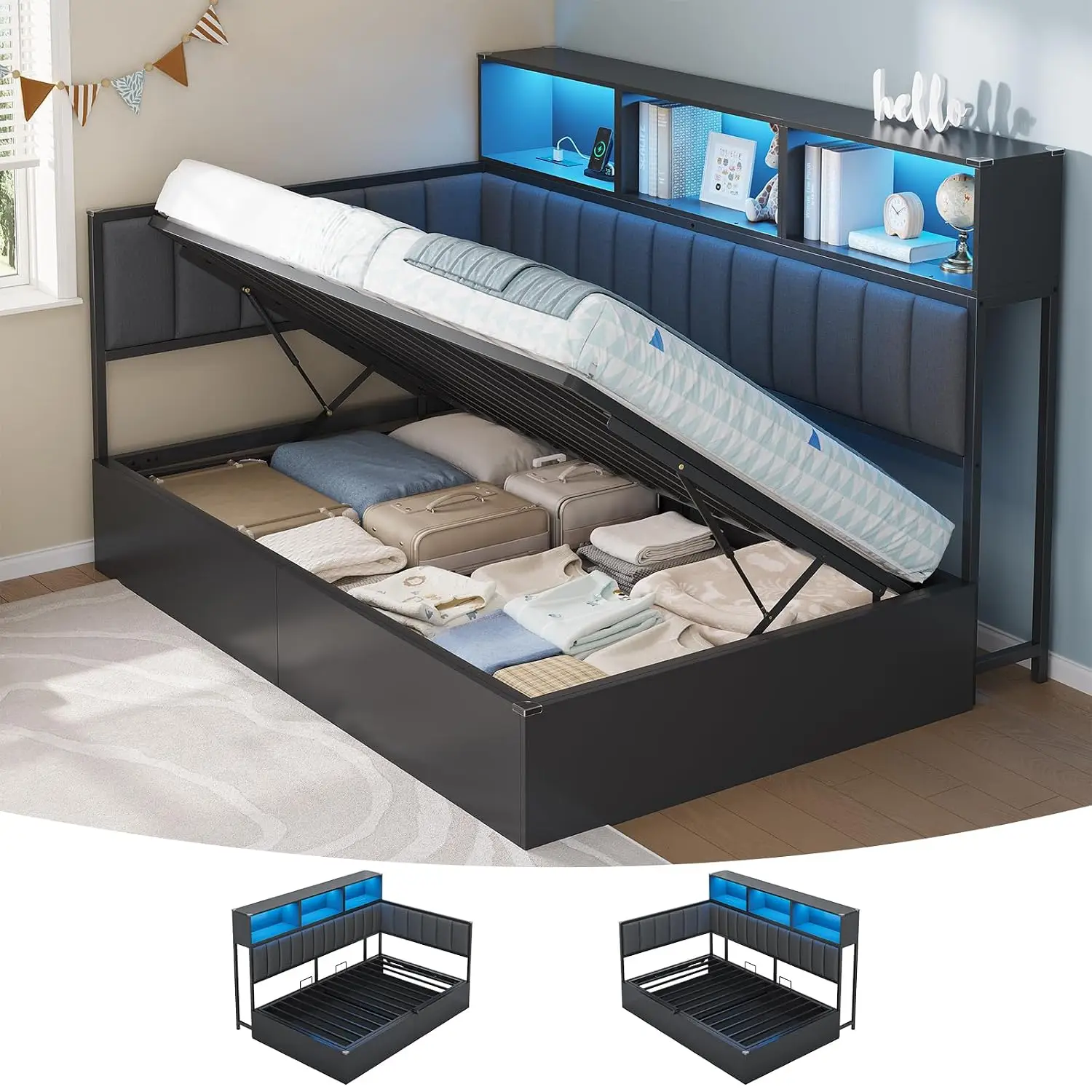 Twin Storage Bed With Charging Station LED Lights Headboard Guardrails Bookcase Hydraulic Lift Black, Customized