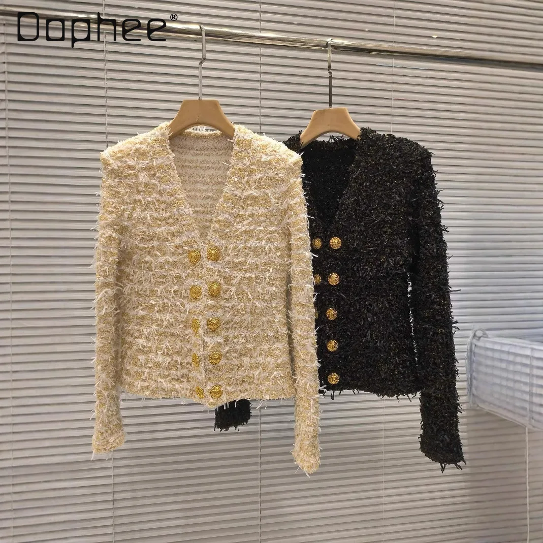 

French Classic Double-Breasted Gold Button Tweed Fashion Versatile V-Neck Knitted Cardigan Coat Women Socialite Style Cardigan