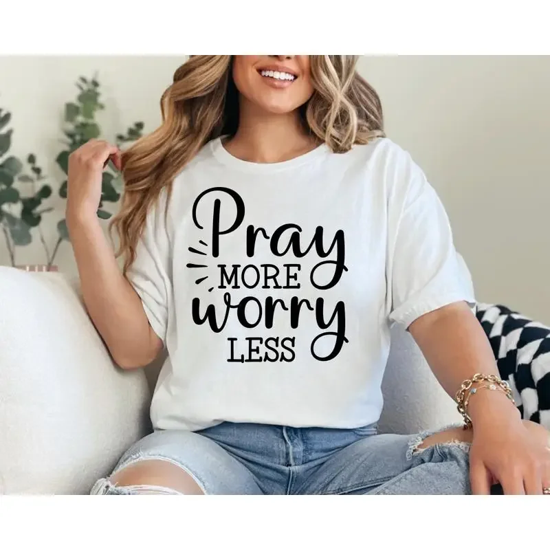 Pray More Worry Less Christian T Shirt Womens Religious For Faith Spiritual