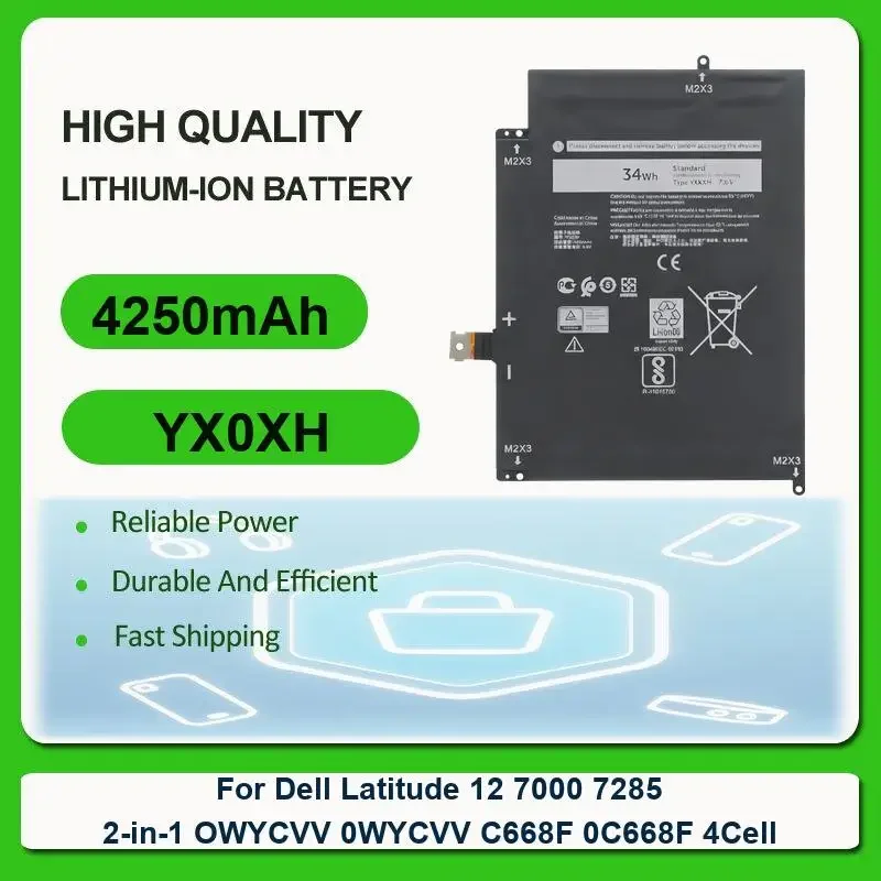 Сменная батарея для ноутбука Dell Latitude 12 7000 7285 2-in-1 OWYCVV 0WYCVV C668F 0C668F 4Cell YX0XH 4250mAh