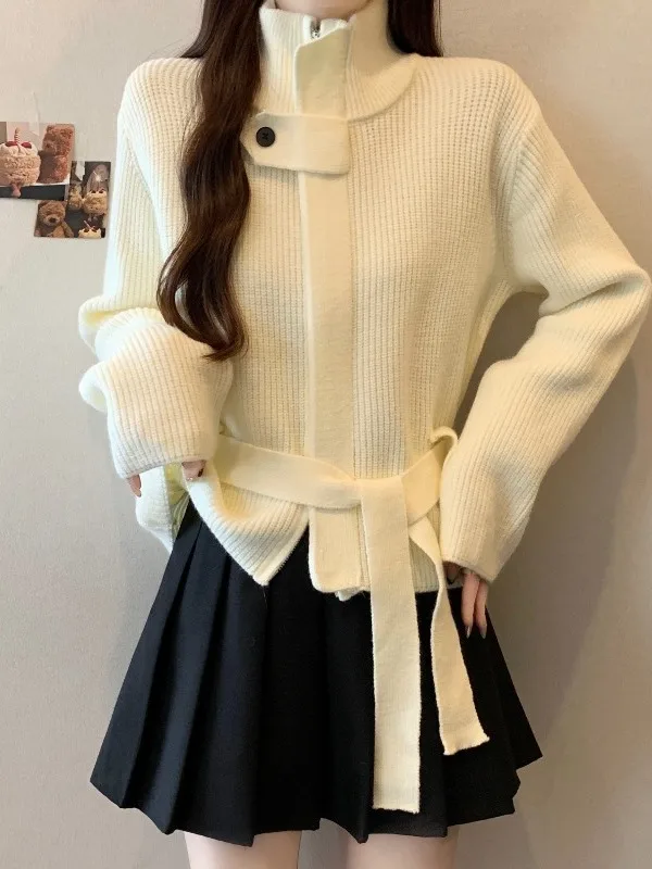 

Красивый вязаный кардиган-пальто с высоким воротником для женщин, осень-зима, большие размеры, для полных женщин, уникальный дизайн, с поясом, открытый кардиган-топ