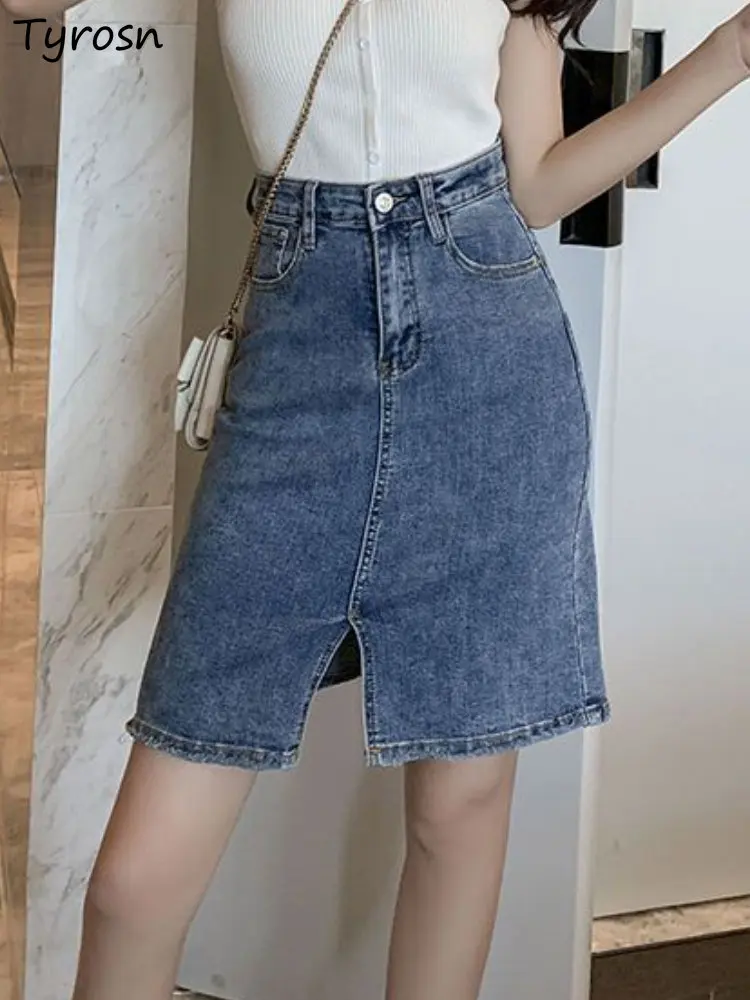 

S-5XL Denim Skirts Women Elegant Fashion Simple All-match Leisure High Waist Daily Solid Design Tender Slit Summer Temperament