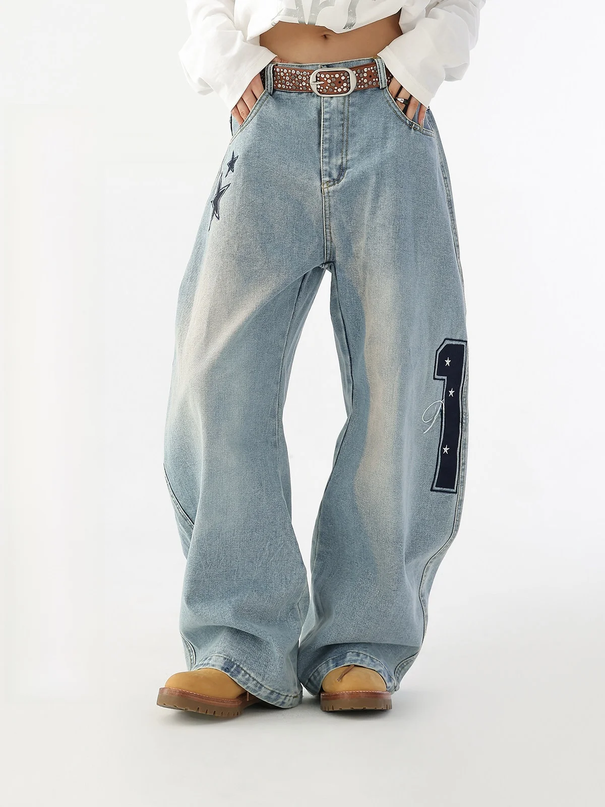 

Ретро-джинсы с вышивкой в американском стиле, широкие, прямого кроя, с эффектом потертости, женские, повседневные, из хлопка