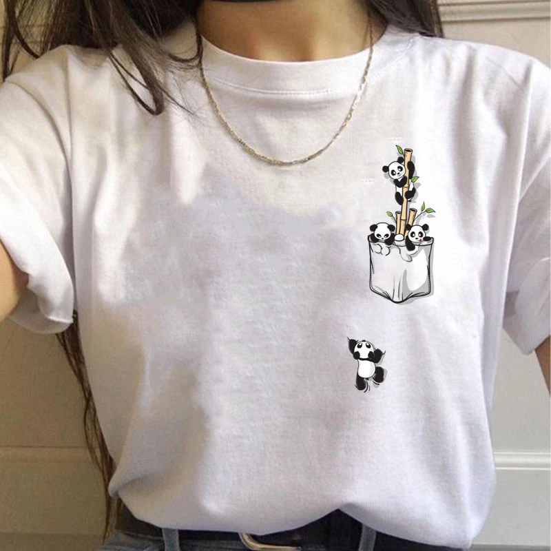 Simple Cute Women t shirt Summer Oversized t-shirt Funny Pocket Cartoons Print tshirts Casual Short sleeve O-neck Tops Tees