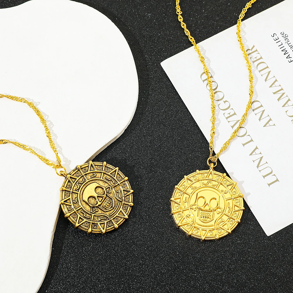 Pirates of the Caribbean Jack Sparrow Aztec Skeleton Skull Heads Coin Medallion Pendant Vintage Jewelry Necklace for Wholesale image 3