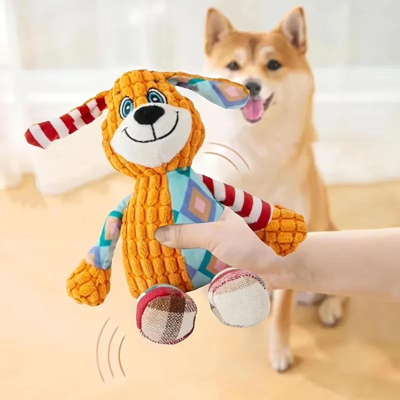 Squeaky Plush Dog Toy, Rip-Resistant Interactive Chew Toy, Orange Multicolor Patchwork Stuffed Puppy Toy, 34 x 26 cm, for Medium Dogs