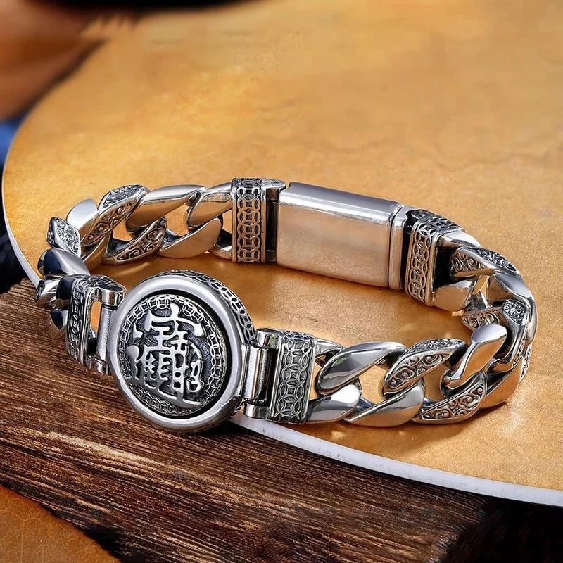 

Retro style 925 Silver Reative Passepartout Bracelet Men Transfer Six-Character Domineering Punk Chain Jewelry Fashion Gift