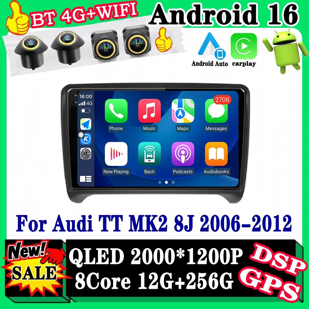For Audi TT MK2 8J 2006-2012 Car Radio Multimedia Player Android 16 WiFi Navigation GPS 4G Touch Screen Cooling Fan
