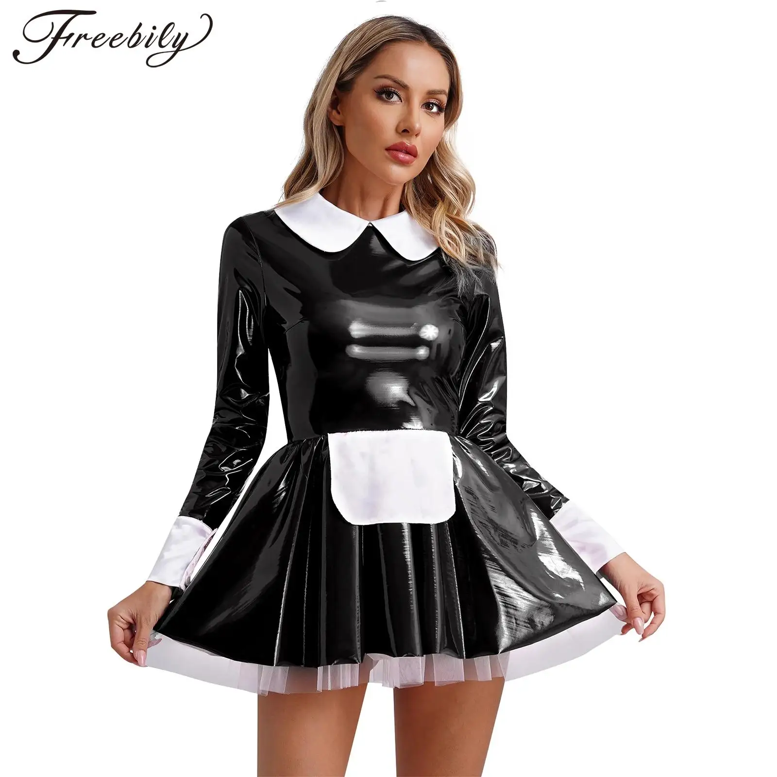 Sexy Women Faux Latex French Maid Dress Halloween Sweet Cosplay A-line Mini Dress Clubwear Roleplay Maidservant Waitress Costume