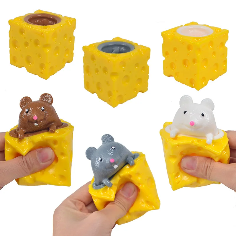 Mini Pop Up Cheese Mouse Cup Squeeze Stress Ball Sensory Toys Stress Relief Funny Cheese Squirrel Cup Fidget Toys for Kids Adult