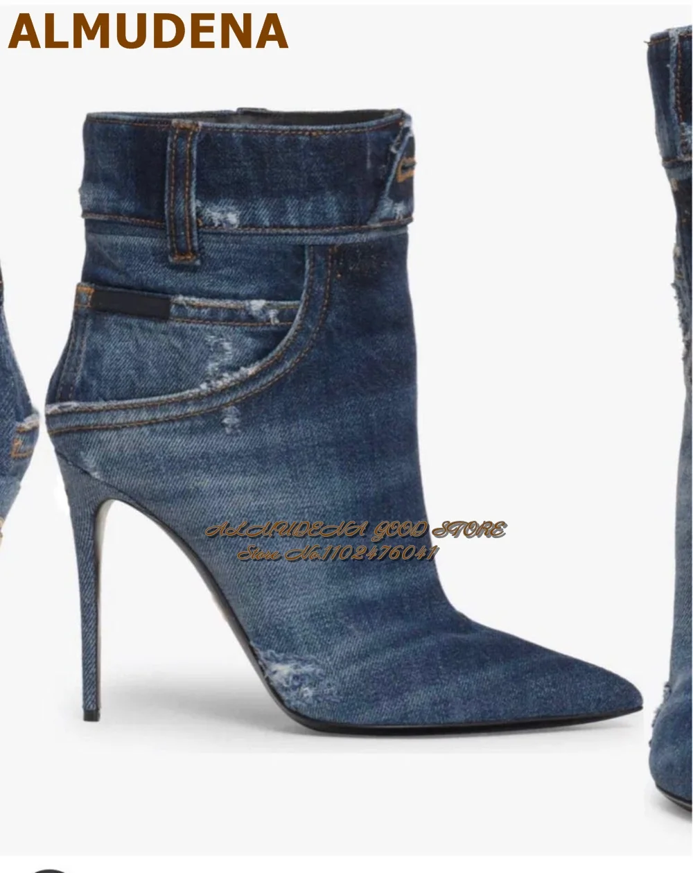 Almudena azul denim stiletto salto tornozelo botas apontou toe jeans bolso padrão fivela botas curtas elegantes sapatos de festa