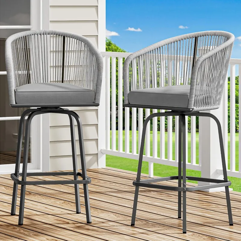 2-Piece Outdoor Swivel Bar Stools Set, 360° Rotation Patio Bar Height Chairs with Soft Cushions, Ideal for Backyard, Po