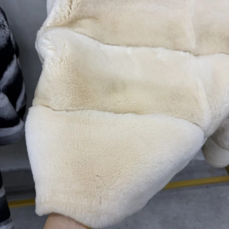 Women Real Rex Rabbit Fur Coat Stand Collar Short Jacket Chinchilla‑Look Pattern Horizontal Stripe Winter Warm Female Coat