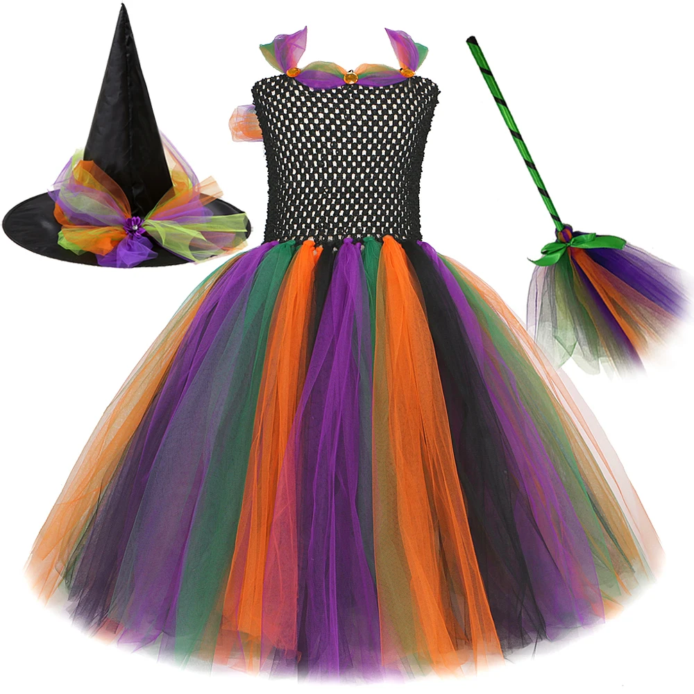 Kids Witch Halloween Costumes for Girls Long Fancy Tutu Dress with Magic Hat Broom Children Carnival Party Disguised Outfits