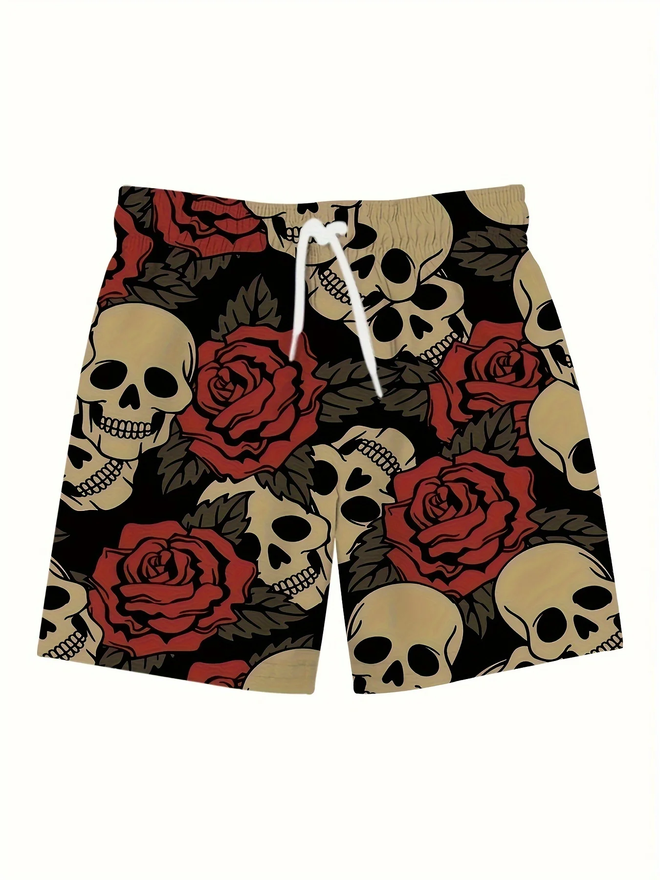 Skulls & Roses Pattern Allover Print Men's Loose Beach Shorts Activewear, Drawstring Quick Dry Shorts, Lightweight Shorts