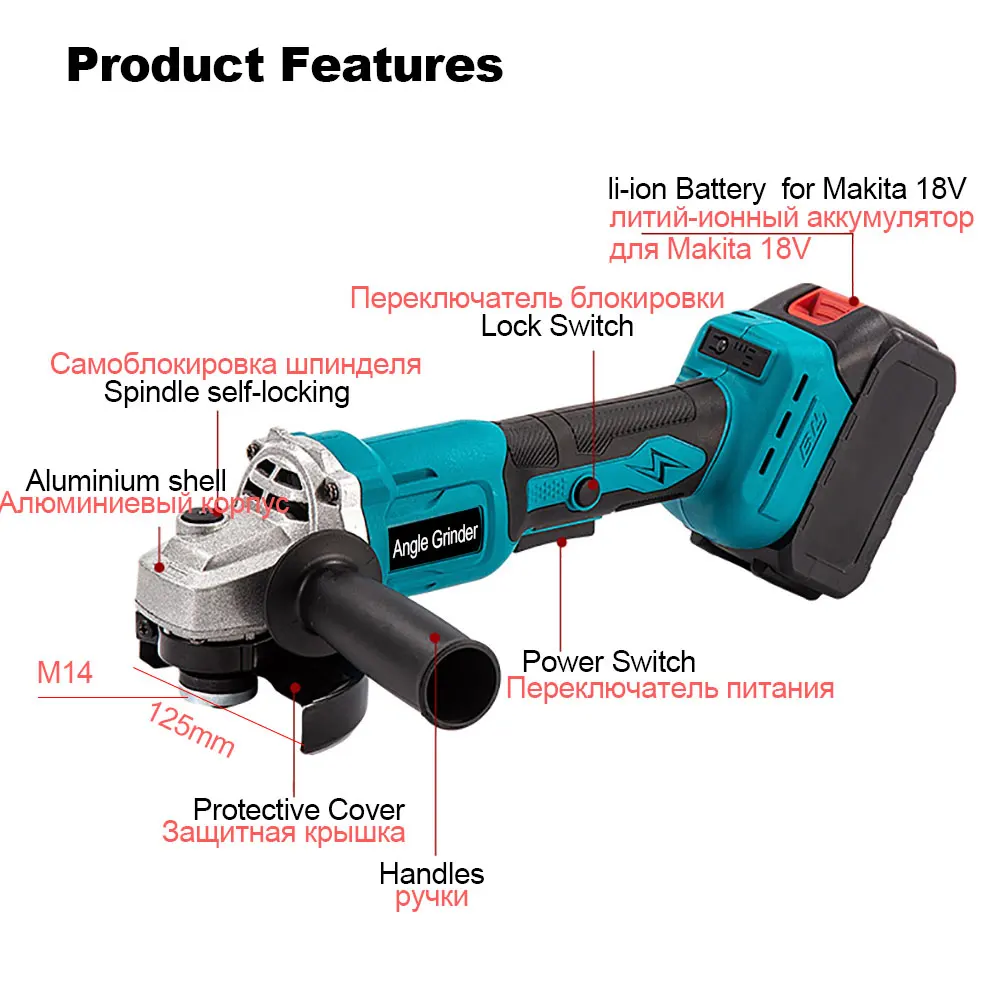 Brushless Angle Grinder 125mm M14 Variable 3-Speed Battery Grinding Cutting Machine Polisher Power Tool For Makita 18V Battery