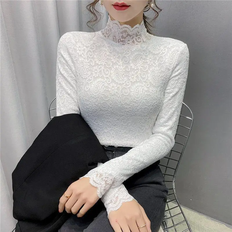 Lace Bottoming Shirt Blouse Women's Autumn Winter New Plus Velvet Thickening /thin Semi-high Collar Inner Tshirt Top image 3