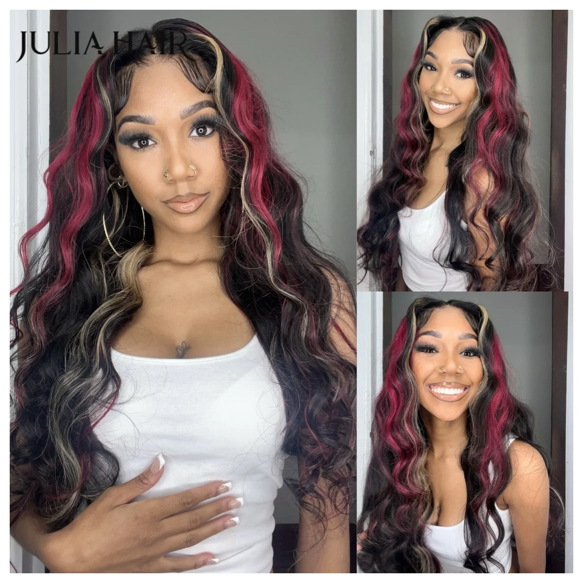 Julia Hair 7x5 Bye Bye Knots Pre Cut Glueless Lace Red Blonde Highlights Loose Wave Wig With Pre-Plucked Hairline Human Hair Wig